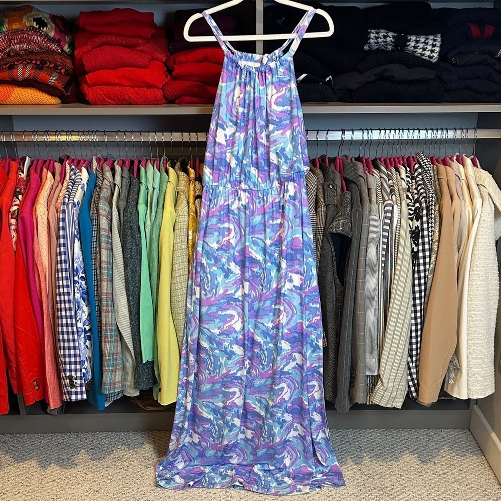 Gilli blue/purple/white print sleeveless elastic waistband maxi dress size S
